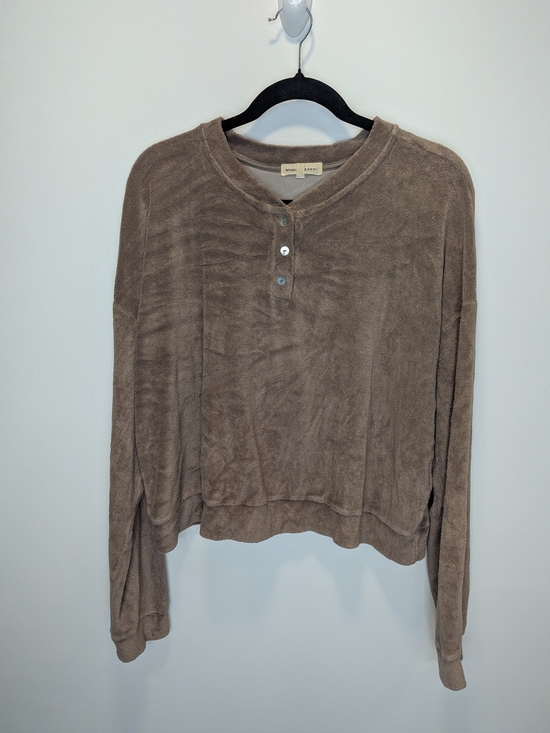 Beyond Yoga Sweaters - Beyond Yoga X Donni Terry Henley Taupe Button-Front Crewneck Sweatshirt Large
